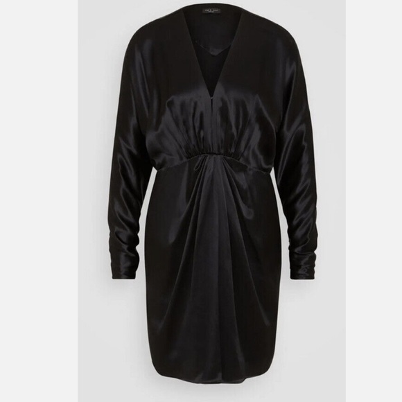 rag & bone Black Silk Satin "Eloise" Gathered Ruched V Front Mini Dress - Picture 4 of 14